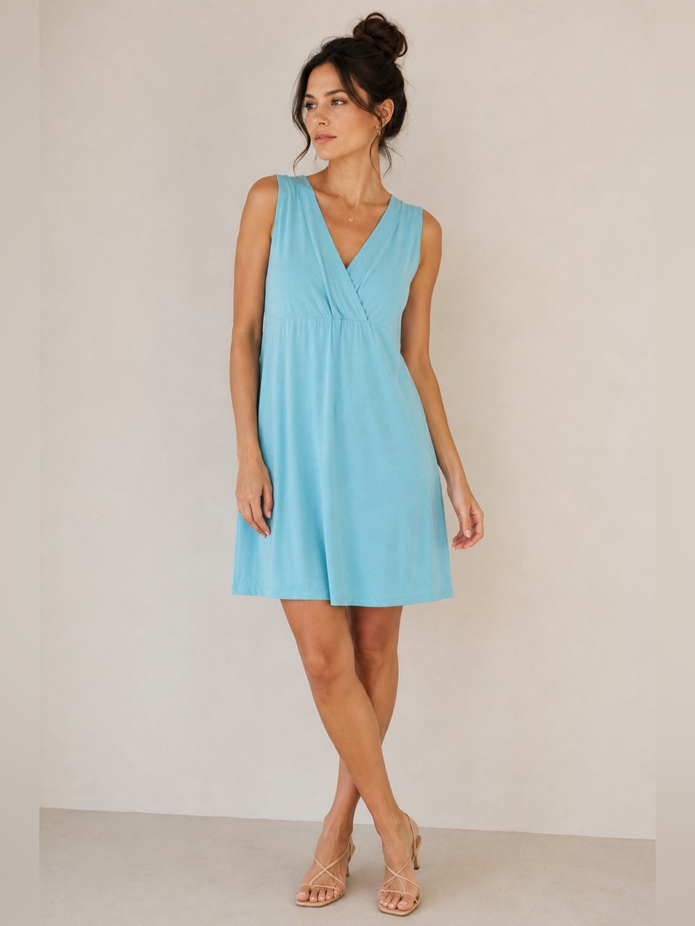 J Jill Petite Medium Aqua Blue Shift Dress Sleeveless V Neck Casual Stretch